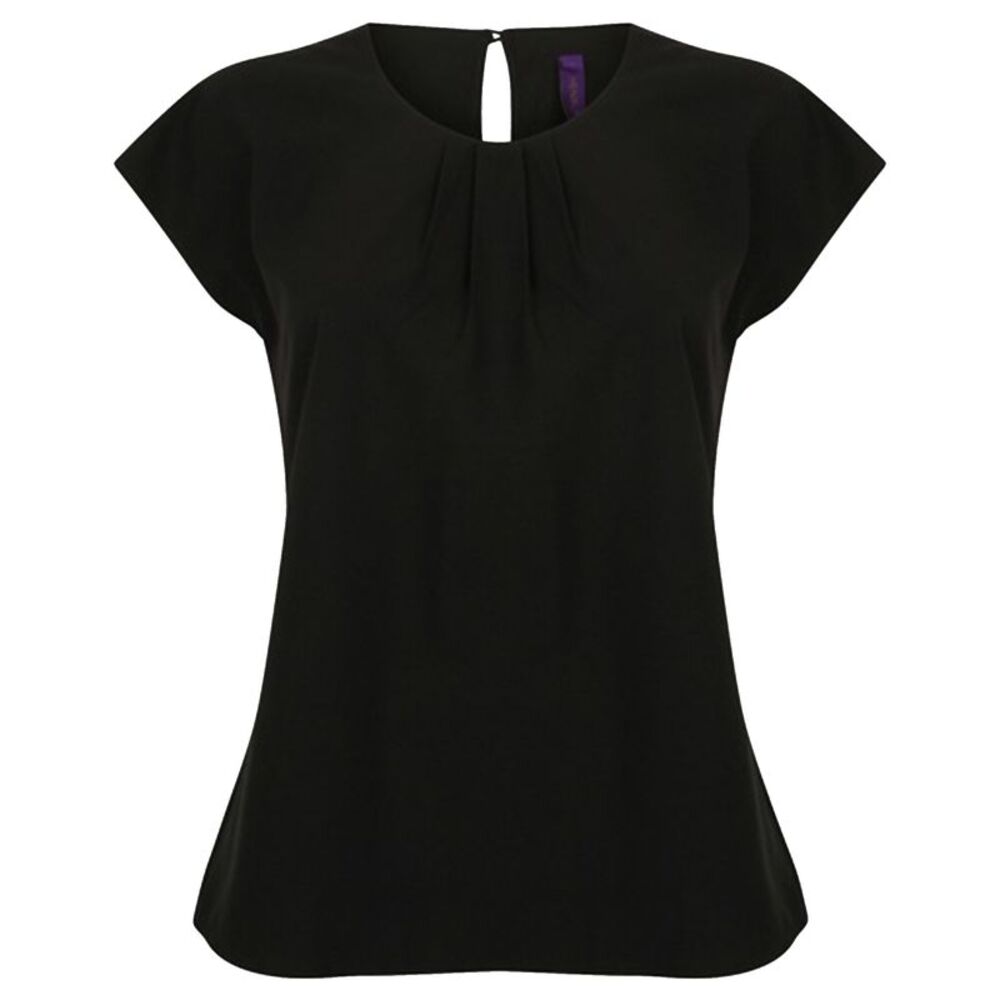 Henbury Womens/Ladies Pleat Front Short Sleeve Top / Black